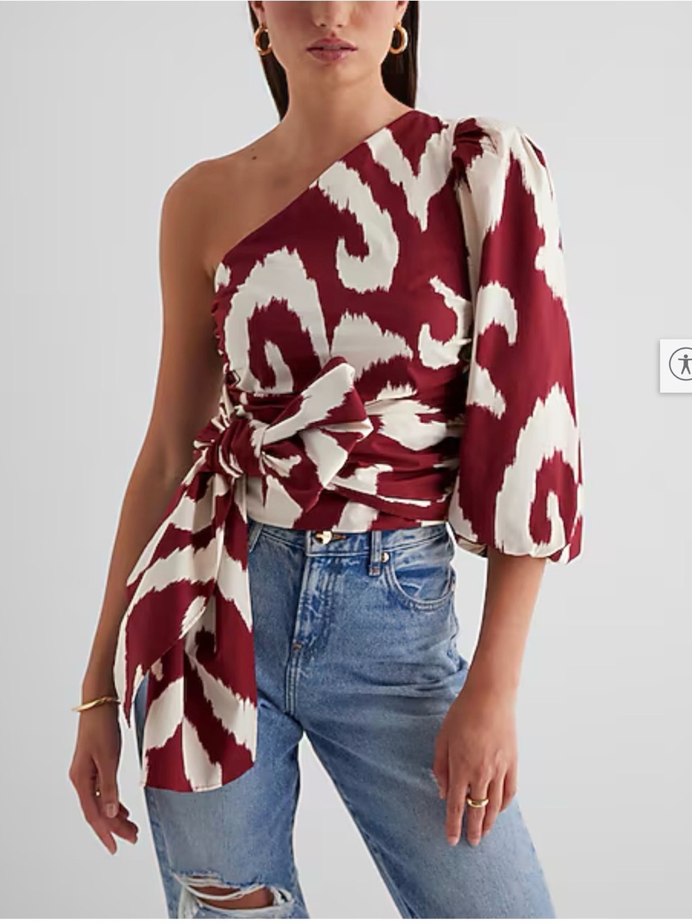 Express One-Shoulder Burgundy and White Abstract Tie-Waist Dress